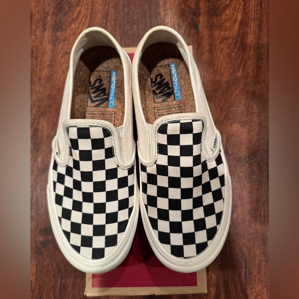 Vans Womens Slip-On Checkerboard Sneakers - Black and Cream